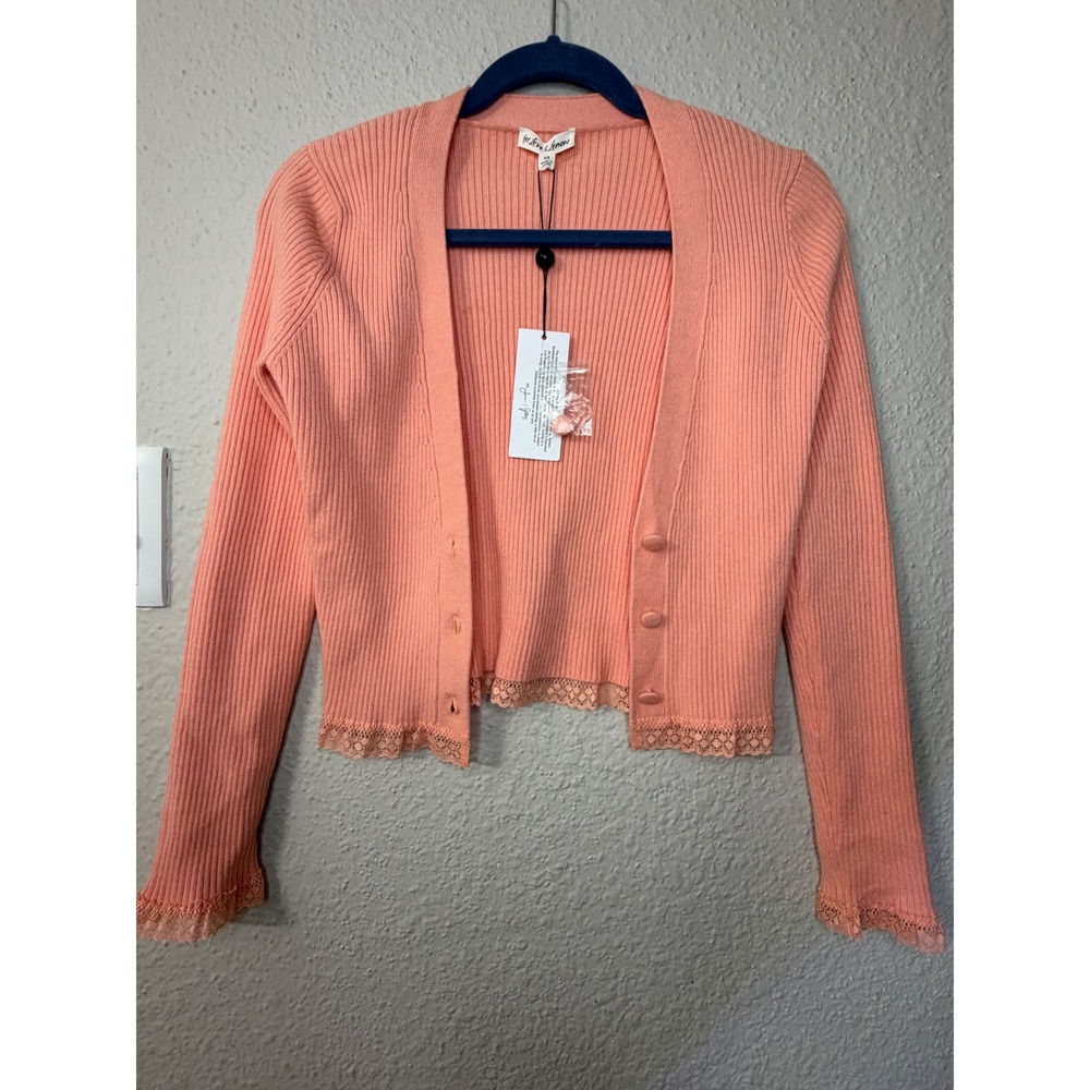 For Love & Lemons Ribbed Lace Trim Cardigan Coral Pink Cropped Sweater XS NWT